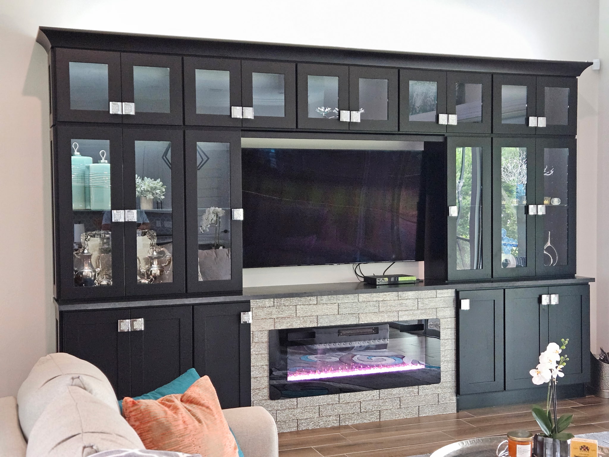 Black shaker entertainment center with fireplace