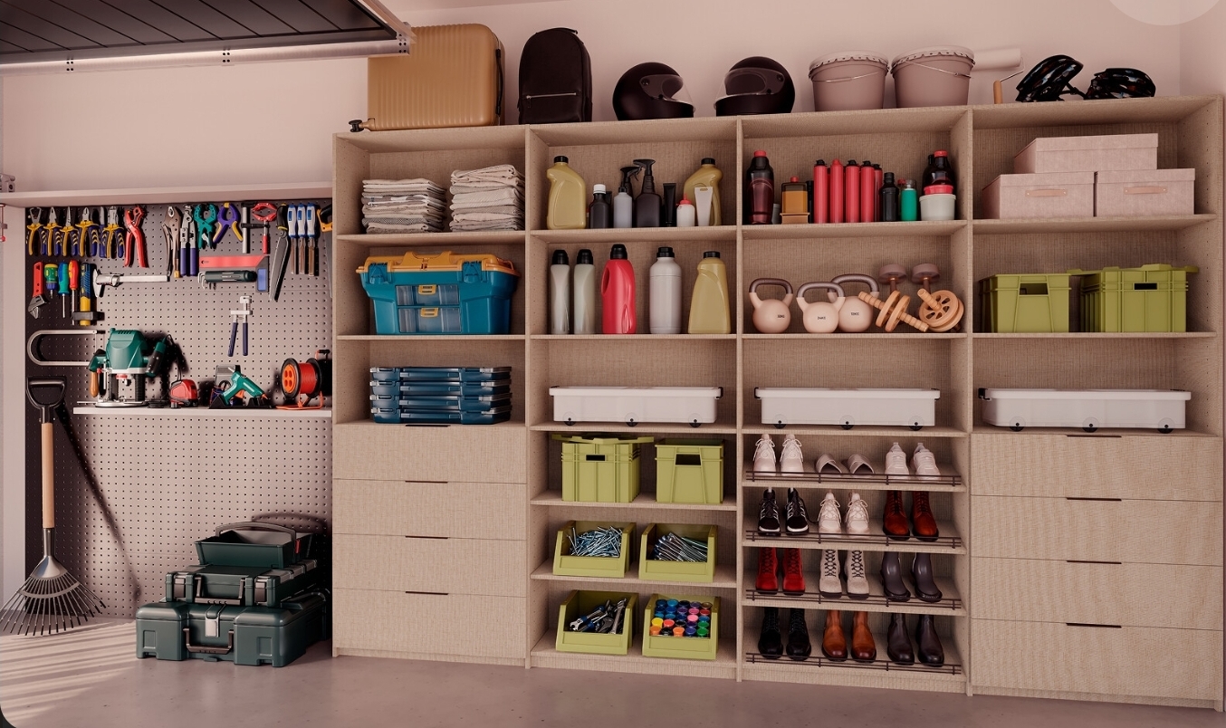 Garage storage wall with shelving and drawers