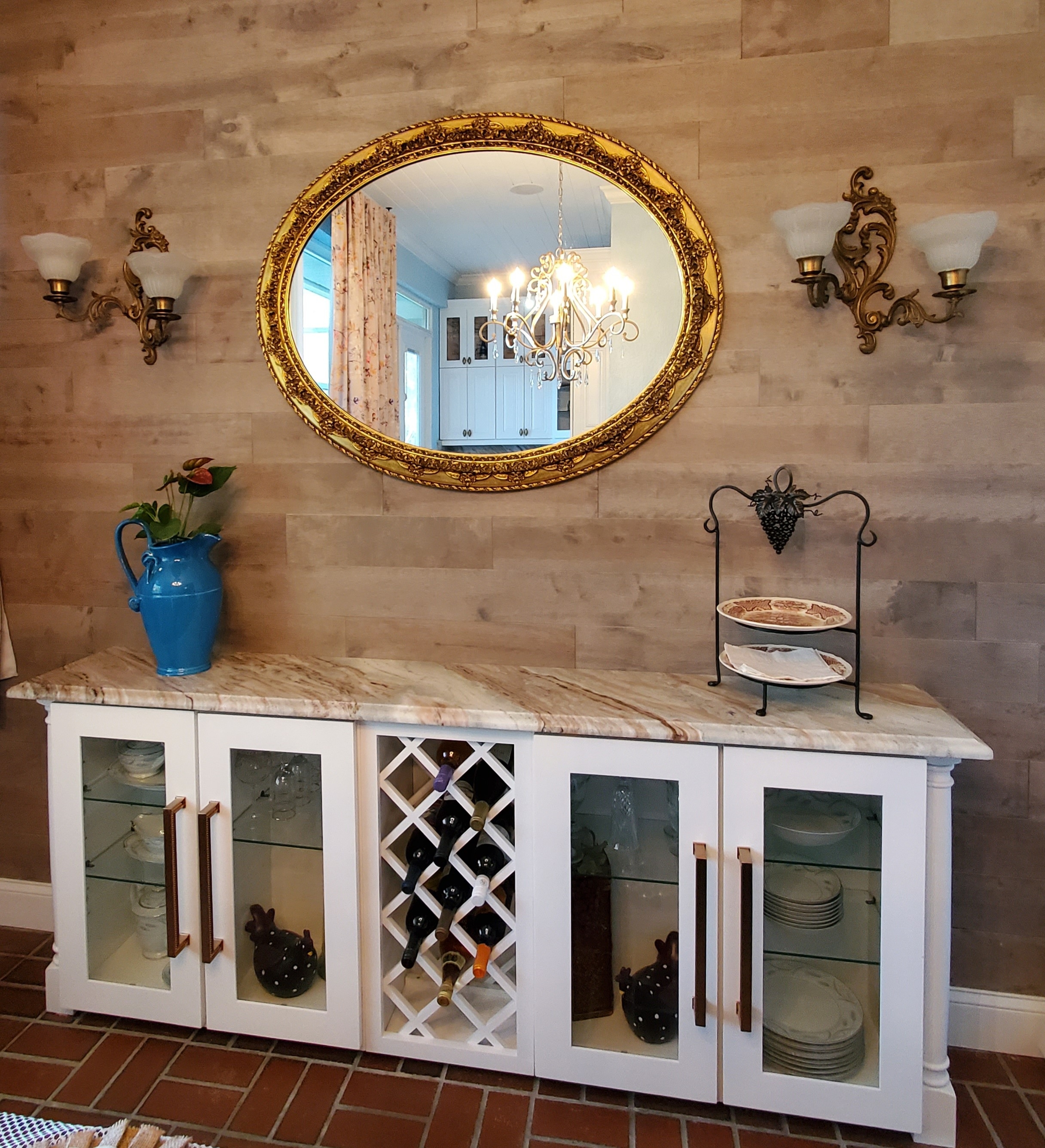 White wine bar with glass doors and wine rack