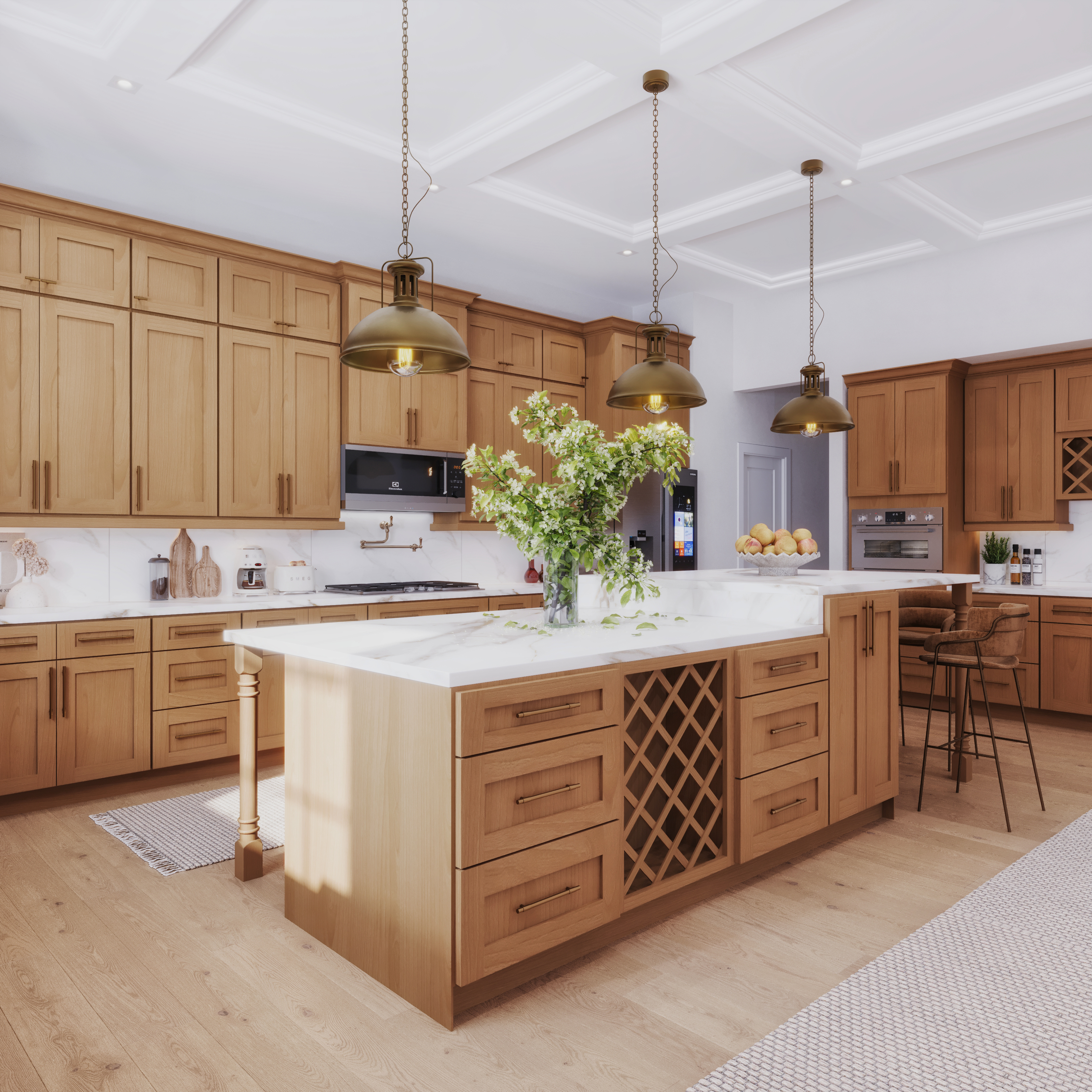 Glide-Lock kitchen - St Charles Beechwood Shaker with coffered ceiling