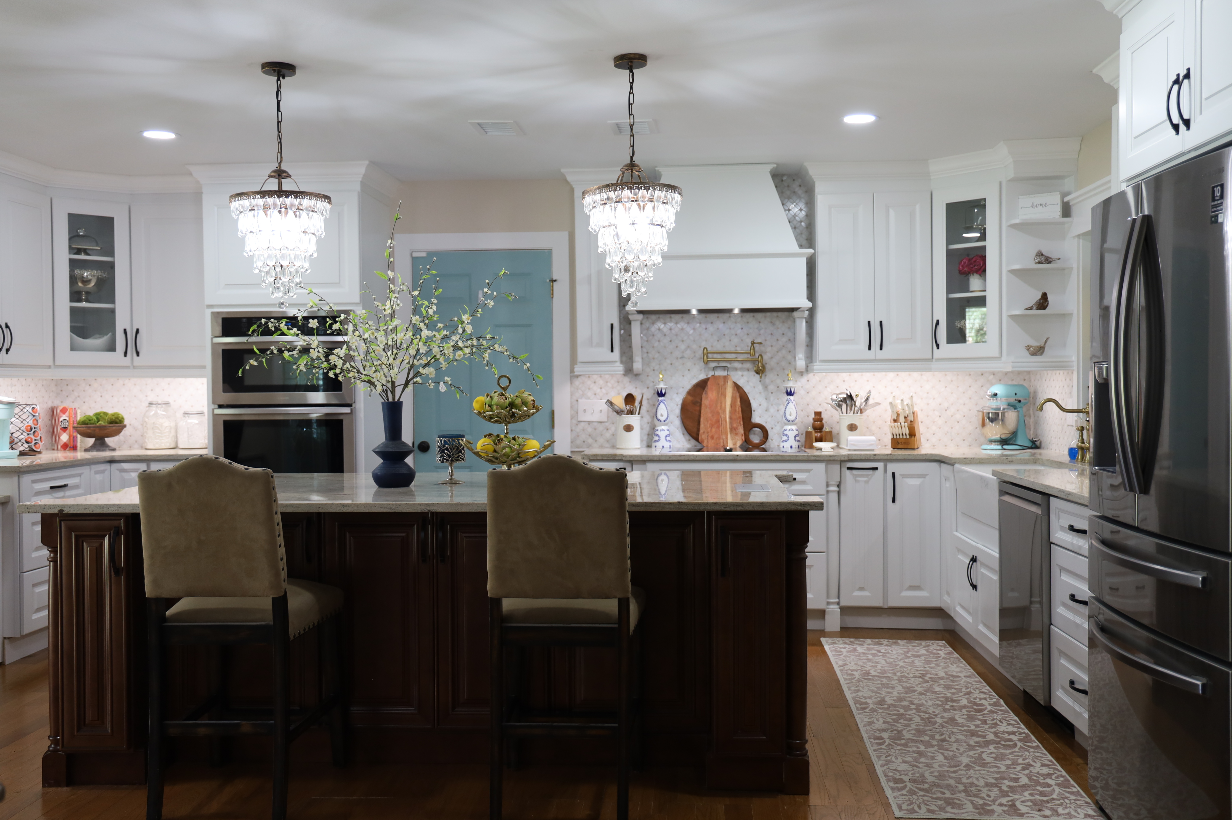 Glide-Lock kitchen - White cabinets with crystal chandeliers